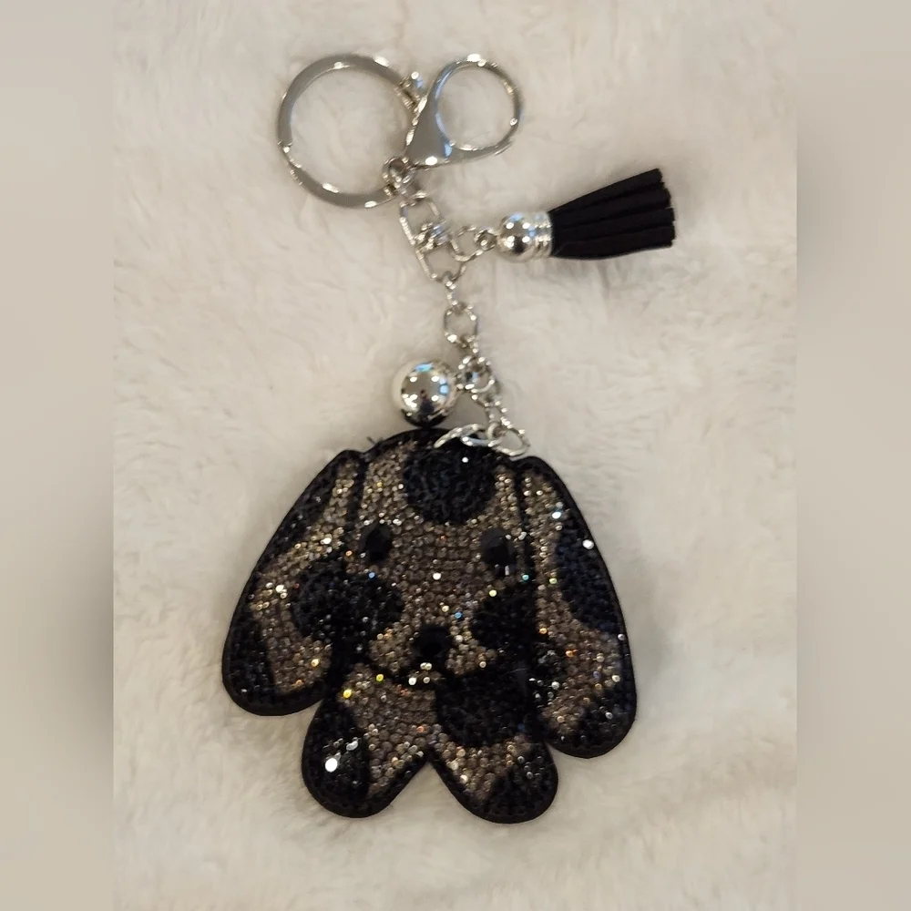 Rhinestone Dog Black And Gray Keychain Bag Charm